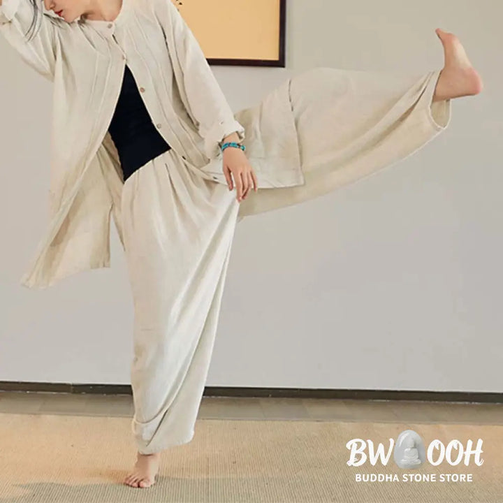 Buddha Stones Plain Long Sleeve Coat Jacket Top Wide Leg Pants Zen Tai Chi Yoga Meditation Clothing - Clothes