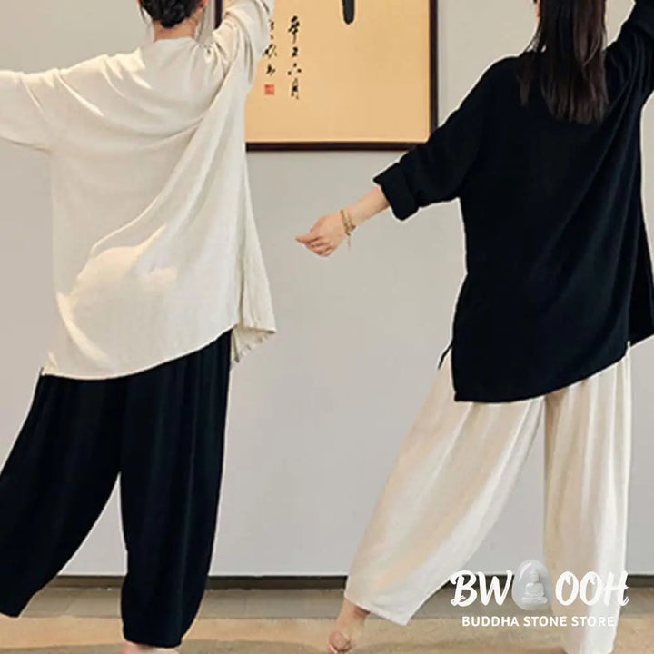 Buddha Stones Plain Long Sleeve Coat Jacket Top Wide Leg Pants Zen Tai Chi Yoga Meditation Clothing - Clothes