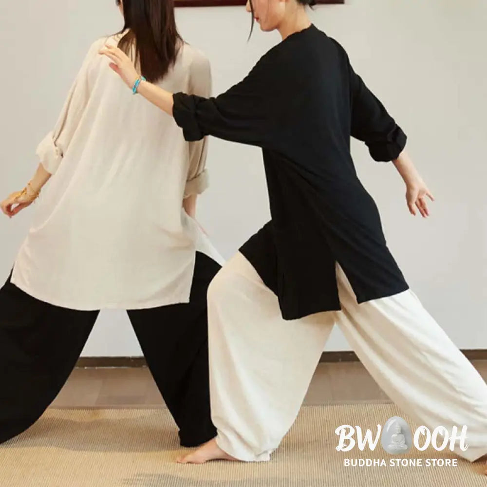 Buddha Stones Plain Long Sleeve Coat Jacket Top Wide Leg Pants Zen Tai Chi Yoga Meditation Clothing - Clothes