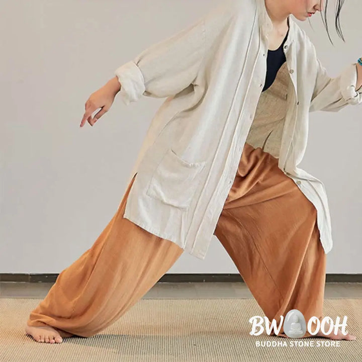 Buddha Stones Plain Long Sleeve Coat Jacket Top Wide Leg Pants Zen Tai Chi Yoga Meditation Clothing - Clothes