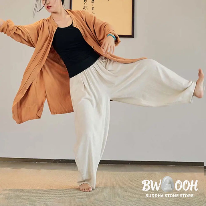 Buddha Stones Plain Long Sleeve Coat Jacket Top Wide Leg Pants Zen Tai Chi Yoga Meditation Clothing - Clothes