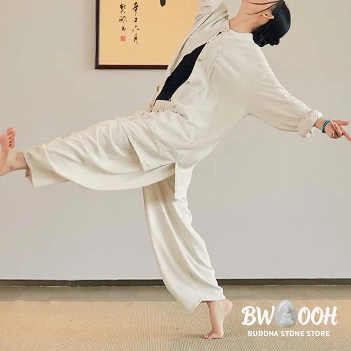 Buddha Stones Plain Long Sleeve Coat Jacket Top Wide Leg Pants Zen Tai Chi Yoga Meditation Clothing - Clothes