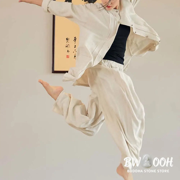 Buddha Stones Plain Long Sleeve Coat Jacket Top Wide Leg Pants Zen Tai Chi Yoga Meditation Clothing - Clothes