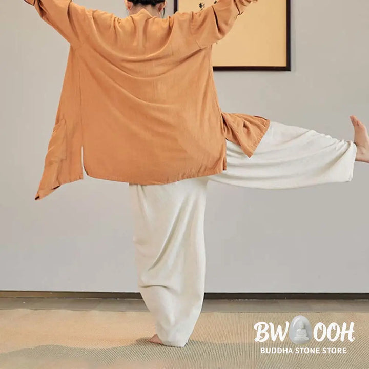 Buddha Stones Plain Long Sleeve Coat Jacket Top Wide Leg Pants Zen Tai Chi Yoga Meditation Clothing - Clothes