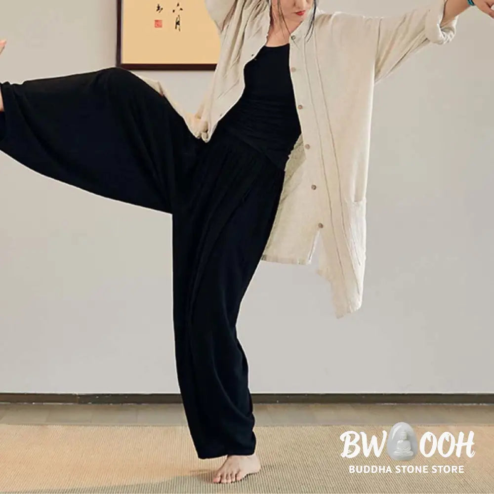 Buddha Stones Plain Long Sleeve Coat Jacket Top Wide Leg Pants Zen Tai Chi Yoga Meditation Clothing - Clothes