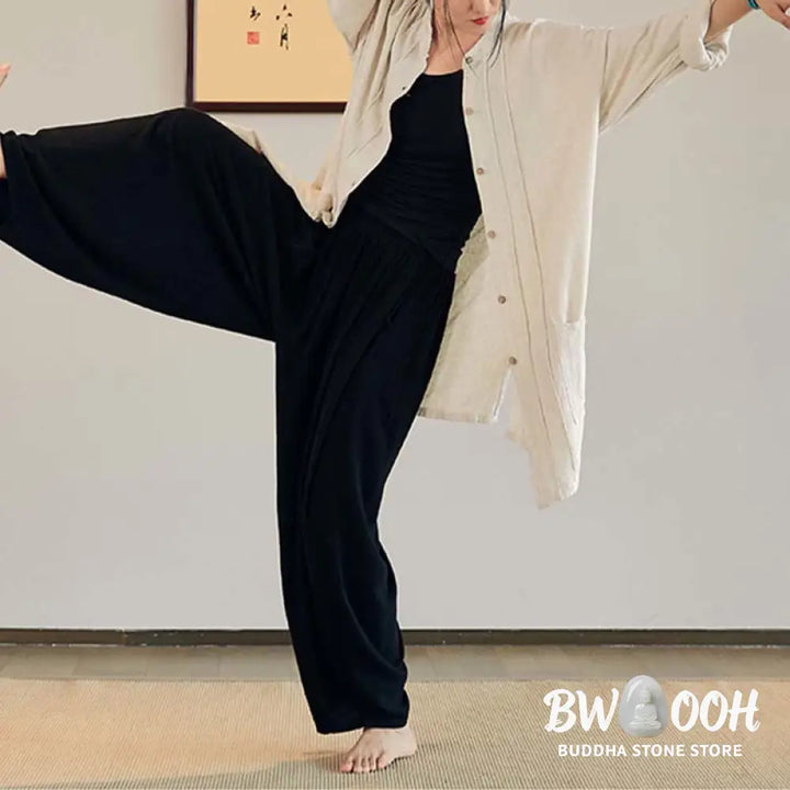 Buddha Stones Plain Long Sleeve Coat Jacket Top Wide Leg Pants Zen Tai Chi Yoga Meditation Clothing - Clothes