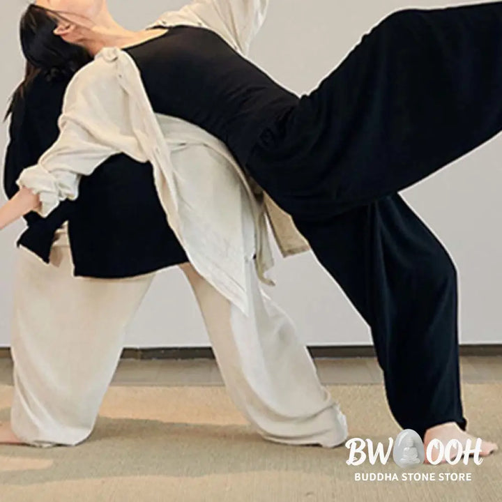 Buddha Stones Plain Long Sleeve Coat Jacket Top Wide Leg Pants Zen Tai Chi Yoga Meditation Clothing - Clothes