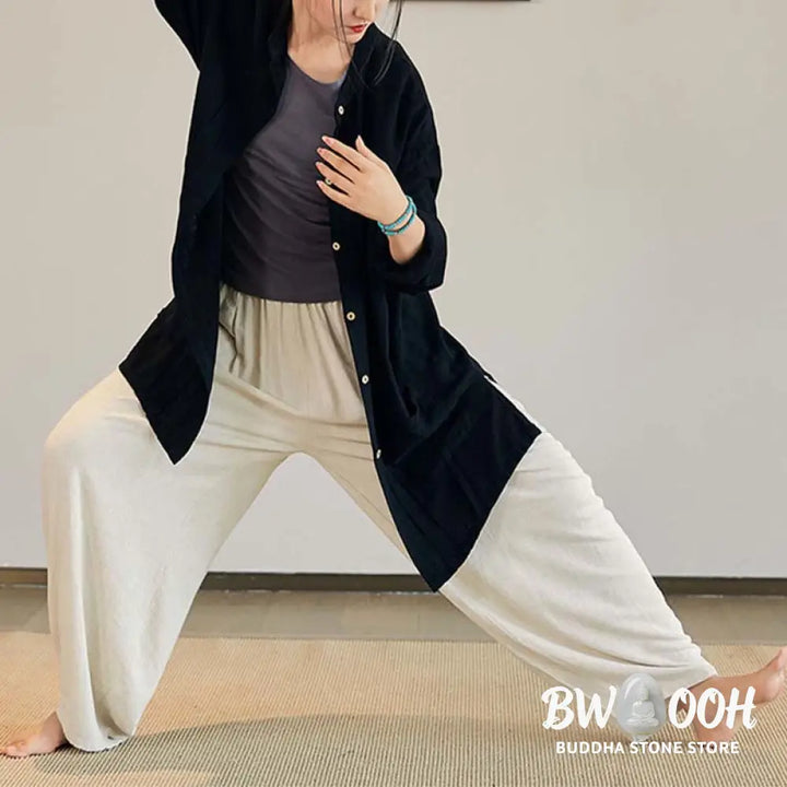 Buddha Stones Plain Long Sleeve Coat Jacket Top Wide Leg Pants Zen Tai Chi Yoga Meditation Clothing - Clothes