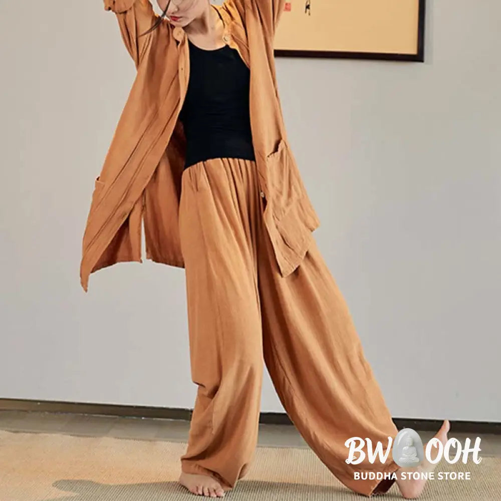 Buddha Stones Plain Long Sleeve Coat Jacket Top Wide Leg Pants Zen Tai Chi Yoga Meditation Clothing - Clothes