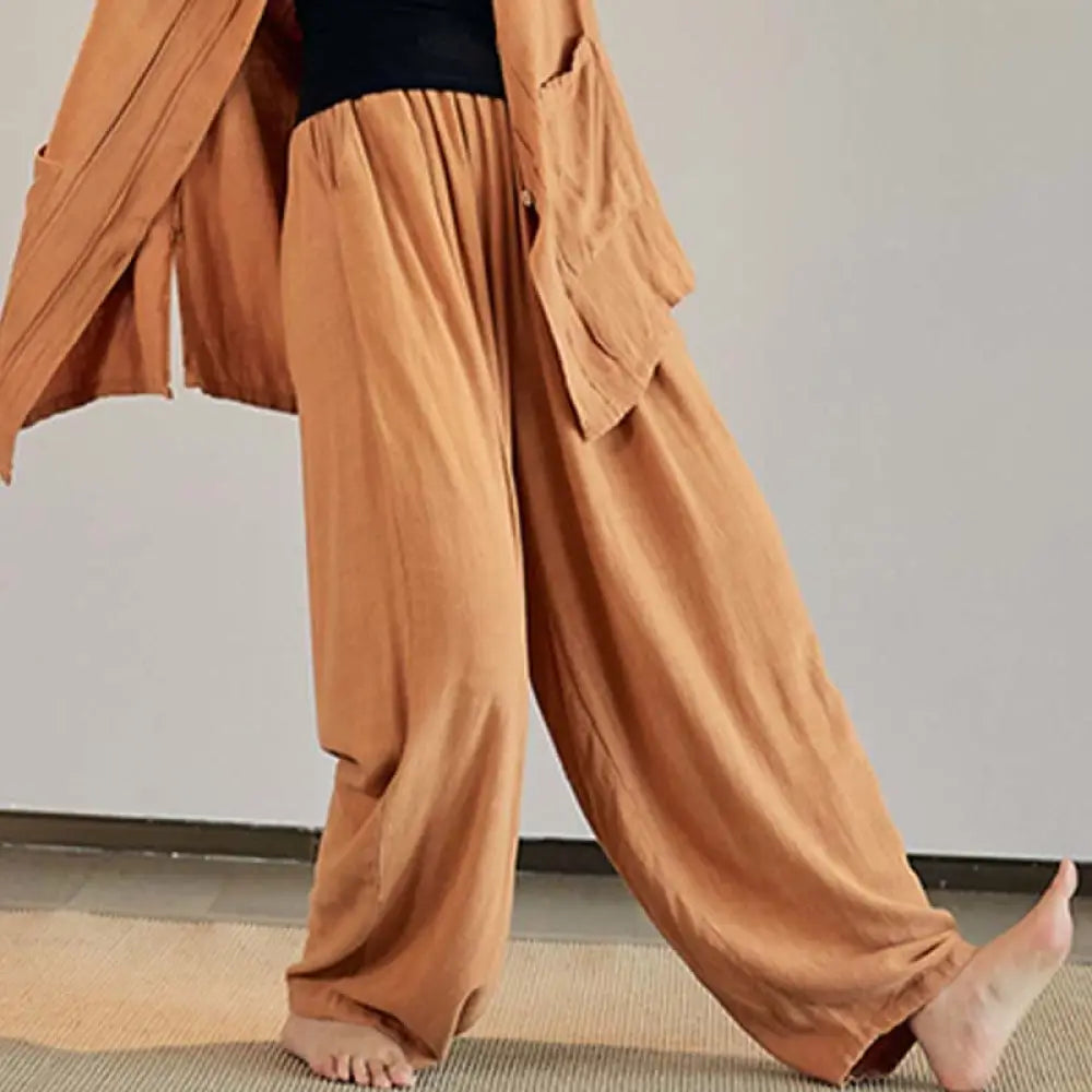 Buddha Stones Plain Long Sleeve Coat Jacket Top Wide Leg Pants Zen Tai Chi Yoga Meditation Clothing - Yellow / Pants