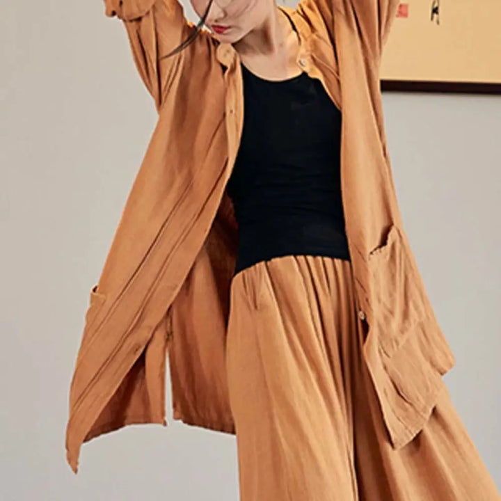 Buddha Stones Plain Long Sleeve Coat Jacket Top Wide Leg Pants Zen Tai Chi Yoga Meditation Clothing - Yellow / Coat