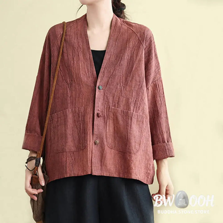 Buddha Stones Plain Long Sleeve Women’s Cotton Linen Jacket With Pockets - Women’s Jacket