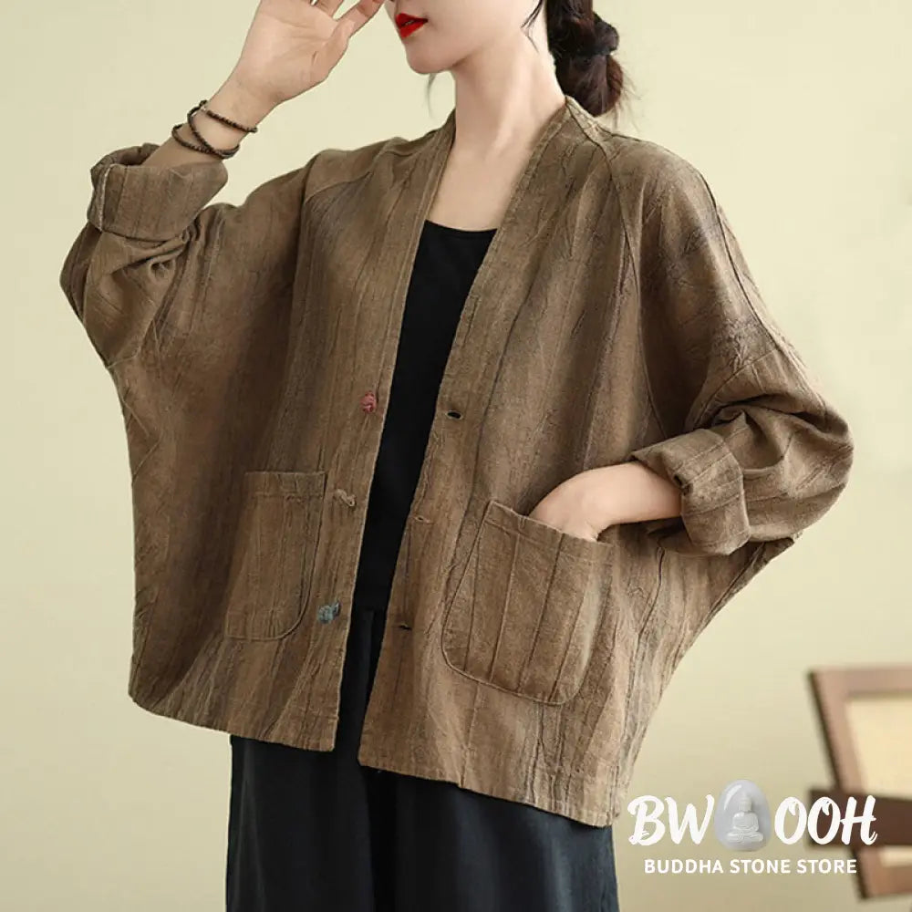 Buddha Stones Plain Long Sleeve Women’s Cotton Linen Jacket With Pockets - Women’s Jacket