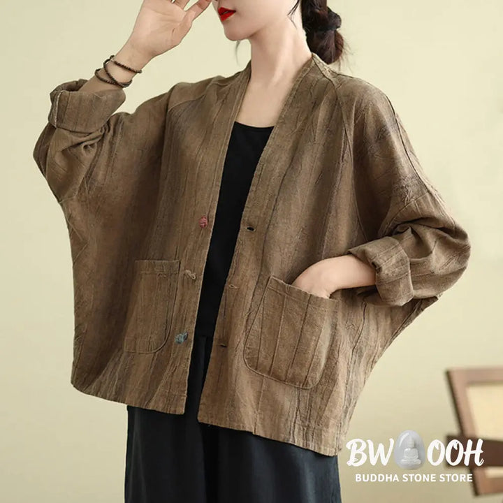 Buddha Stones Plain Long Sleeve Women’s Cotton Linen Jacket With Pockets - Women’s Jacket