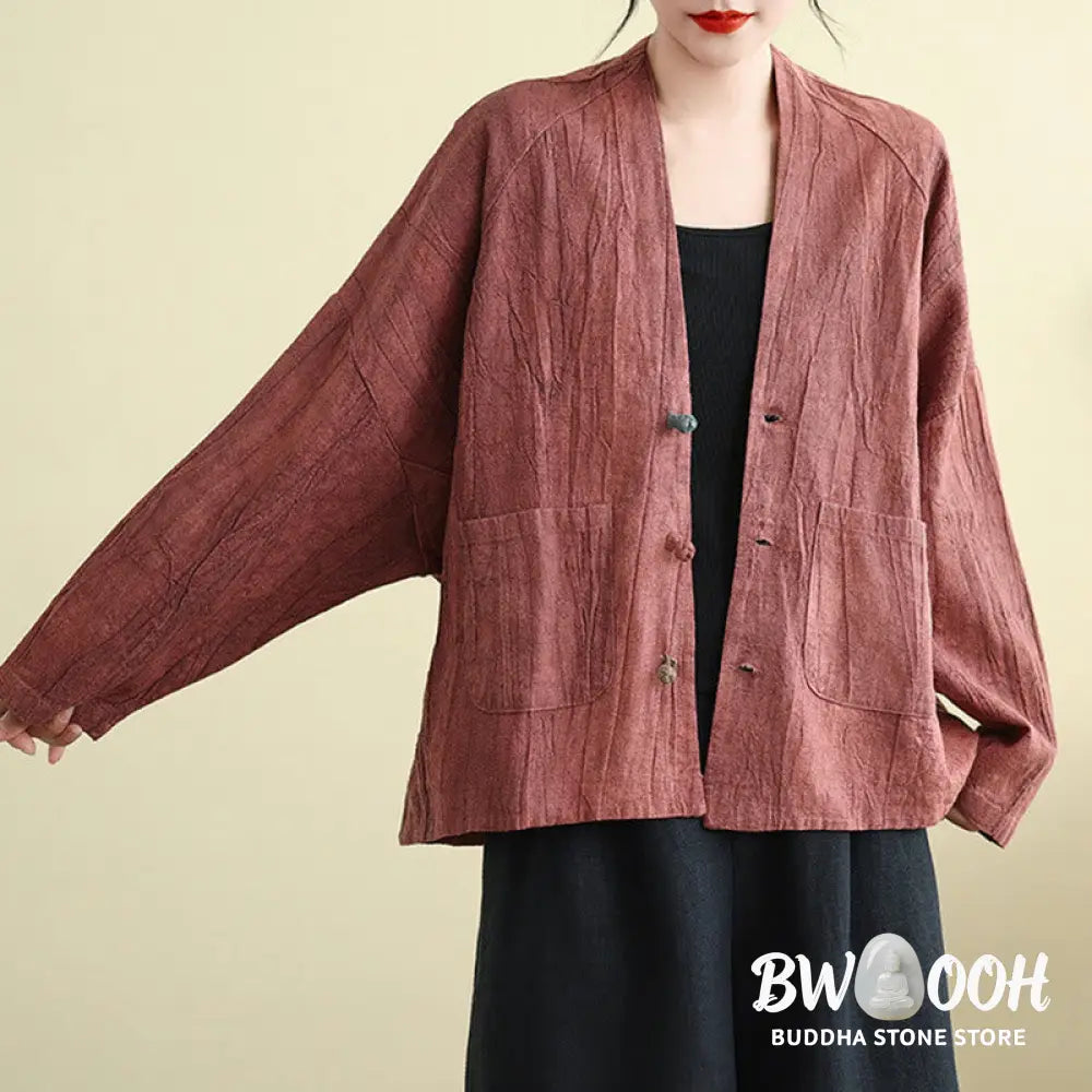 Buddha Stones Plain Long Sleeve Women’s Cotton Linen Jacket With Pockets - Women’s Jacket