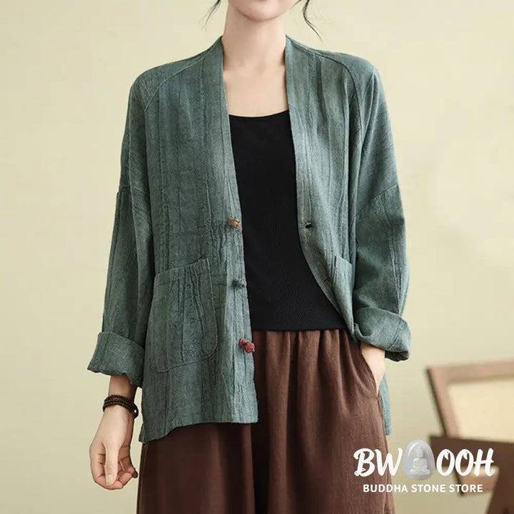 Buddha Stones Plain Long Sleeve Women’s Cotton Linen Jacket With Pockets - Women’s Jacket