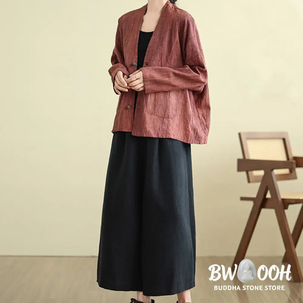 Buddha Stones Plain Long Sleeve Women’s Cotton Linen Jacket With Pockets - Women’s Jacket
