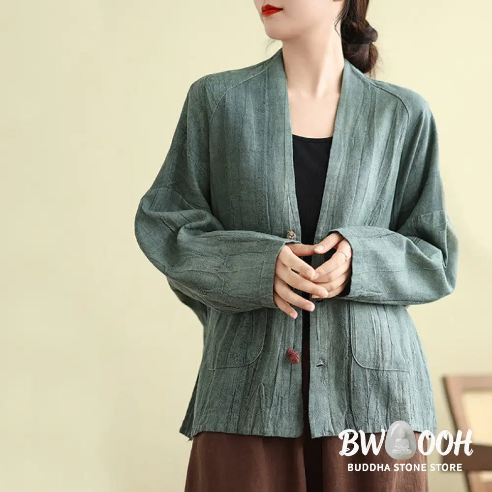 Buddha Stones Plain Long Sleeve Women’s Cotton Linen Jacket With Pockets - Women’s Jacket