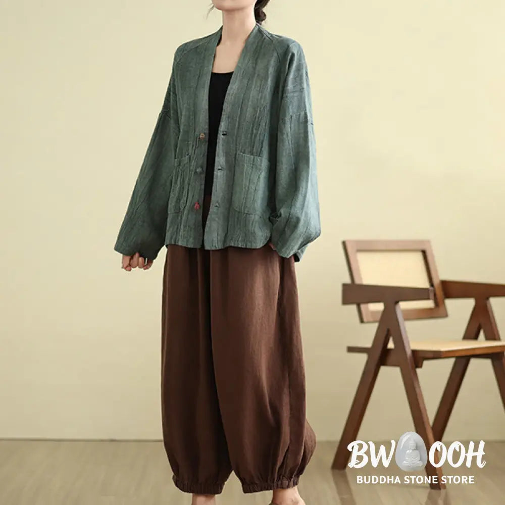 Buddha Stones Plain Long Sleeve Women’s Cotton Linen Jacket With Pockets - Women’s Jacket
