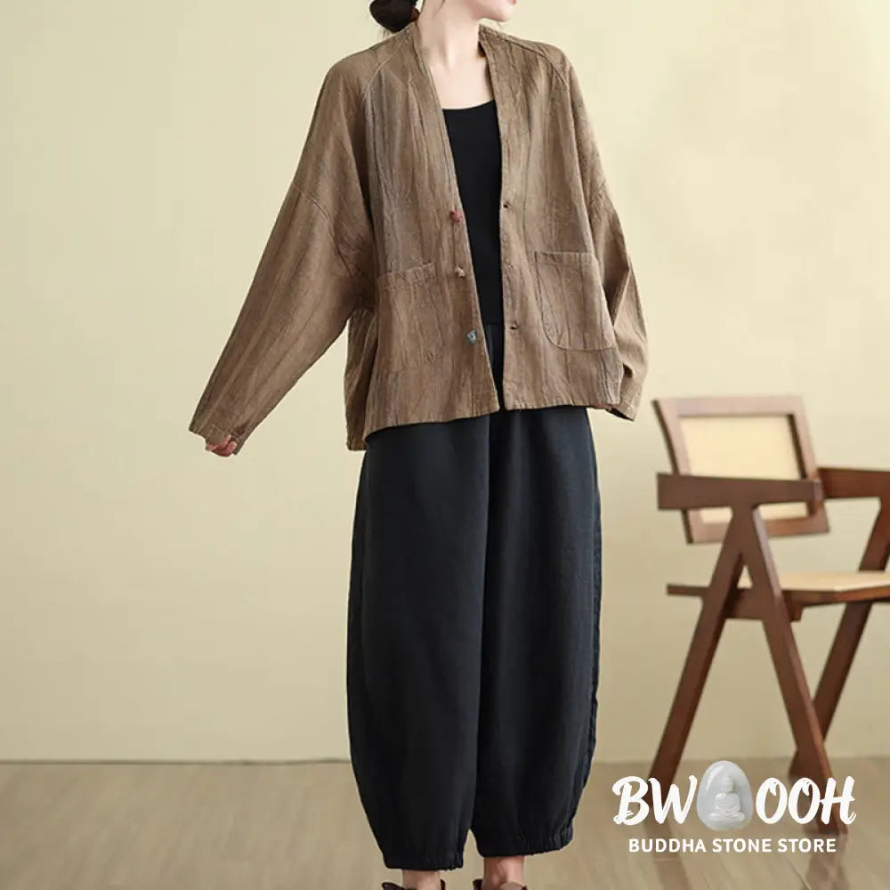 Buddha Stones Plain Long Sleeve Women’s Cotton Linen Jacket With Pockets - Women’s Jacket