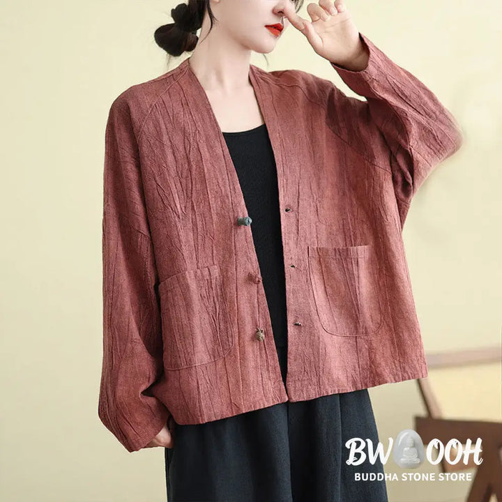 Buddha Stones Plain Long Sleeve Women’s Cotton Linen Jacket With Pockets - Women’s Jacket