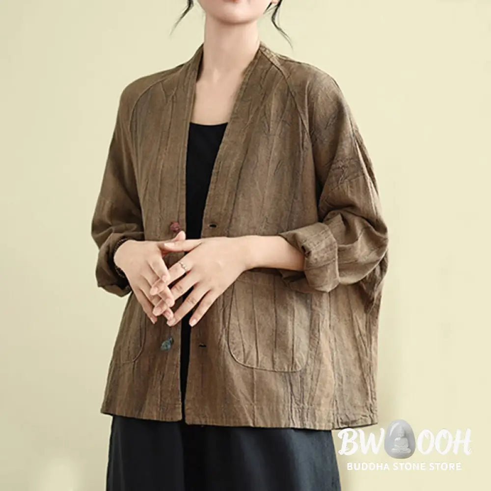 Buddha Stones Plain Long Sleeve Women’s Cotton Linen Jacket With Pockets - Women’s Jacket