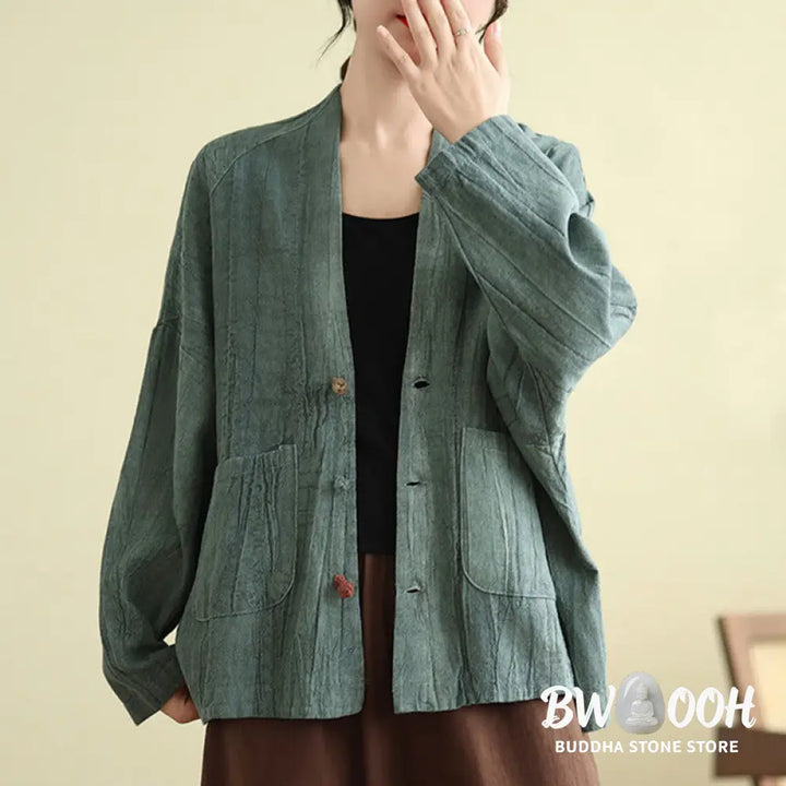 Buddha Stones Plain Long Sleeve Women’s Cotton Linen Jacket With Pockets - Women’s Jacket