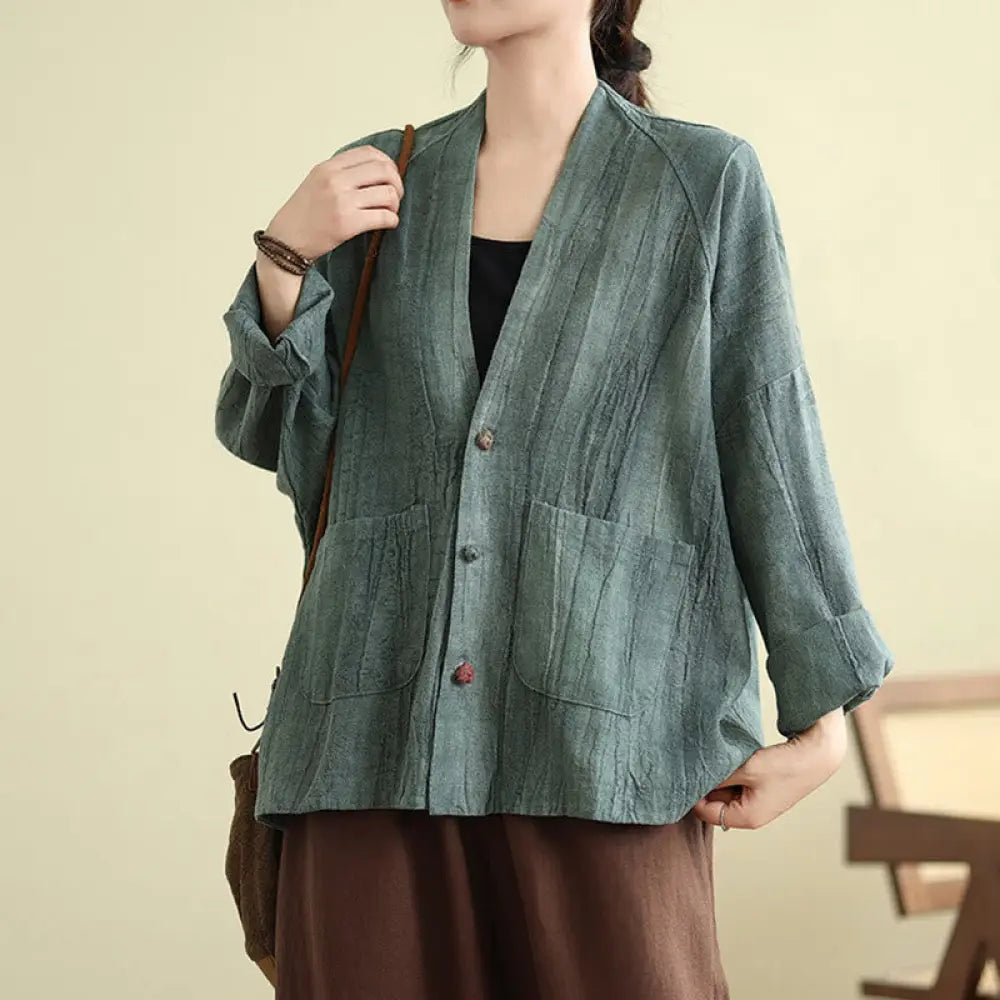 Buddha Stones Plain Long Sleeve Women’s Cotton Linen Jacket With Pockets - CadetBlue / US6，UK/AU10，EU38 (M) - Women’s