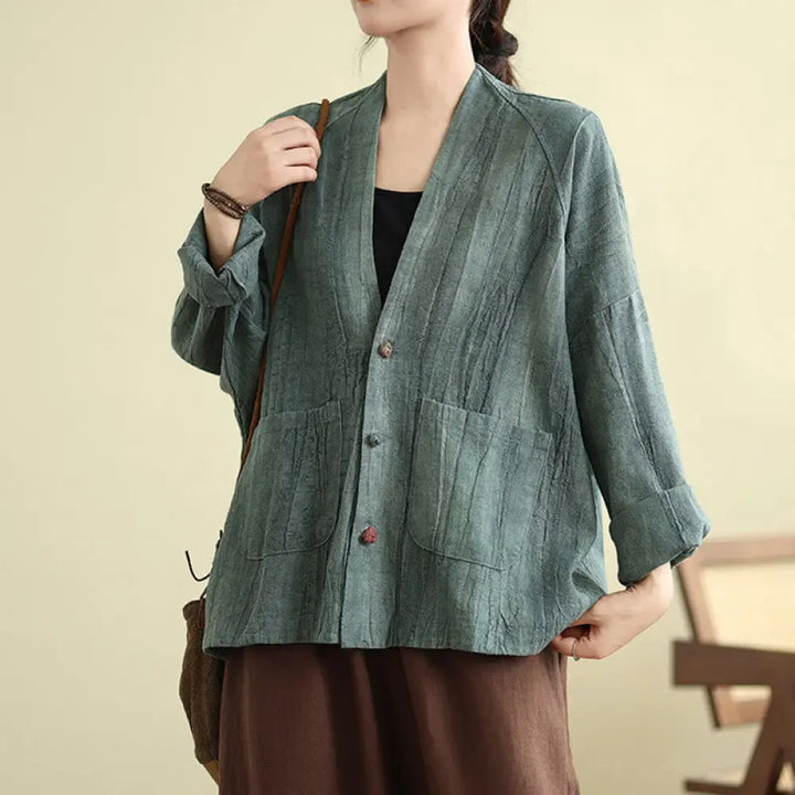 Buddha Stones Plain Long Sleeve Women’s Cotton Linen Jacket With Pockets - CadetBlue / US6，UK/AU10，EU38 (M) - Women’s