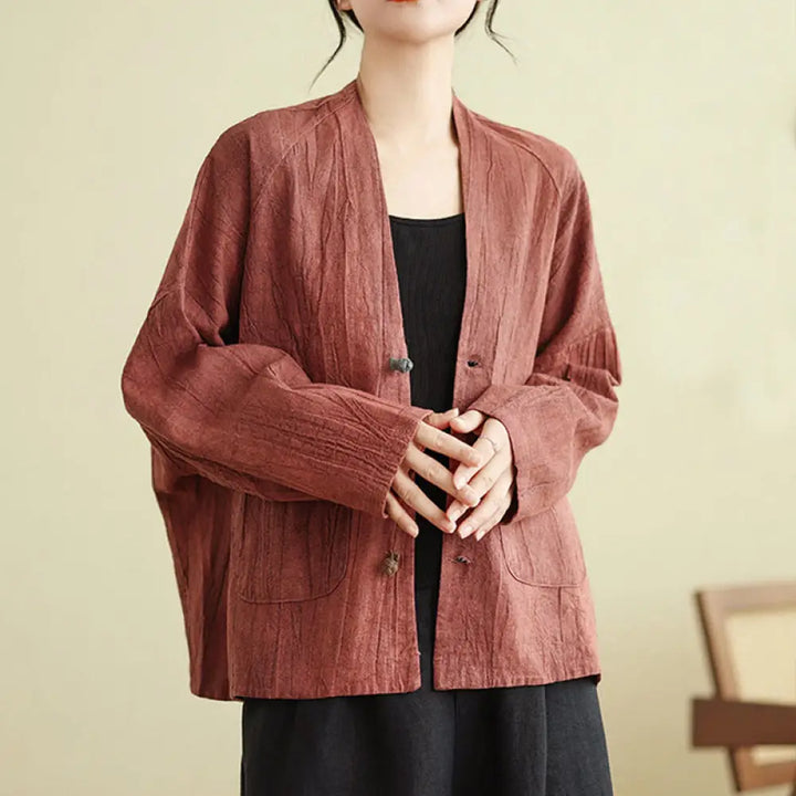 Buddha Stones Plain Long Sleeve Women’s Cotton Linen Jacket With Pockets - IndianRed / US6，UK/AU10，EU38 (M) - Women’s