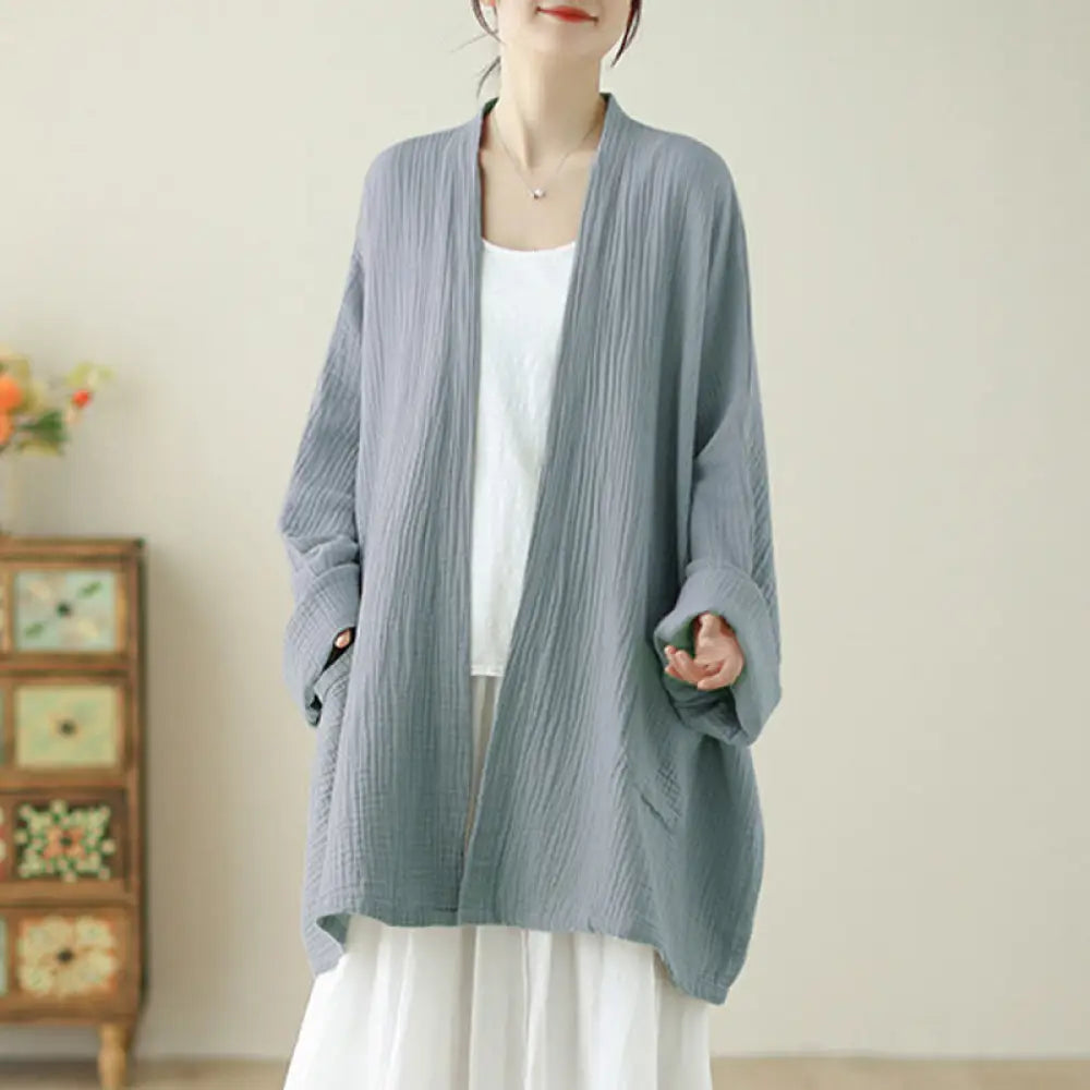 Buddha Stones Plain Long Sleeve Zen Meditation Cotton Linen Jacket With Pockets - LightSteelBlue