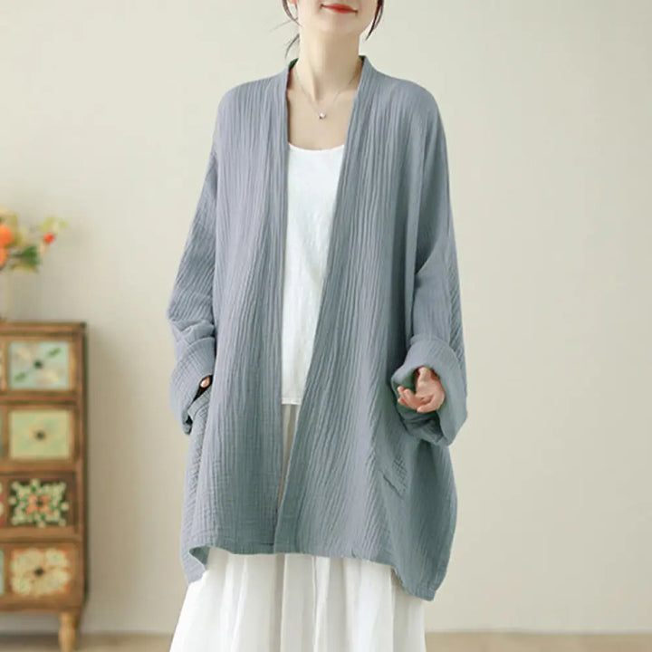 Buddha Stones Plain Long Sleeve Zen Meditation Cotton Linen Jacket With Pockets - LightSteelBlue