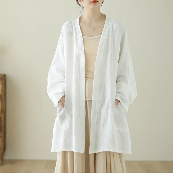 Buddha Stones Plain Long Sleeve Zen Meditation Cotton Linen Jacket With Pockets - White / US8-10，UK/AU12-14，EU40-42 (L)