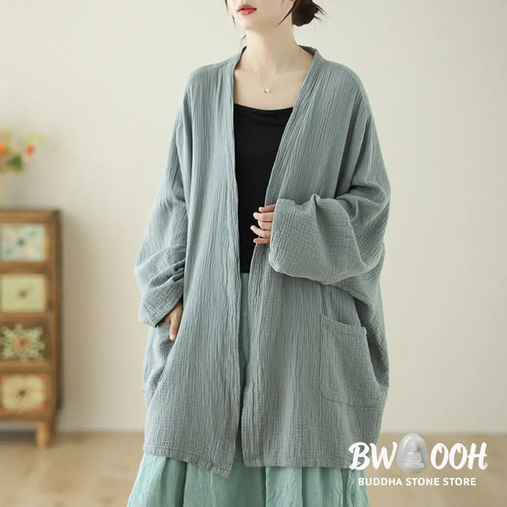 Buddha Stones Plain Long Sleeve Zen Meditation Cotton Linen Jacket With Pockets - Women’s Kimono