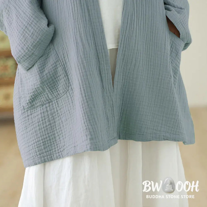 Buddha Stones Plain Long Sleeve Zen Meditation Cotton Linen Jacket With Pockets - Women’s Kimono