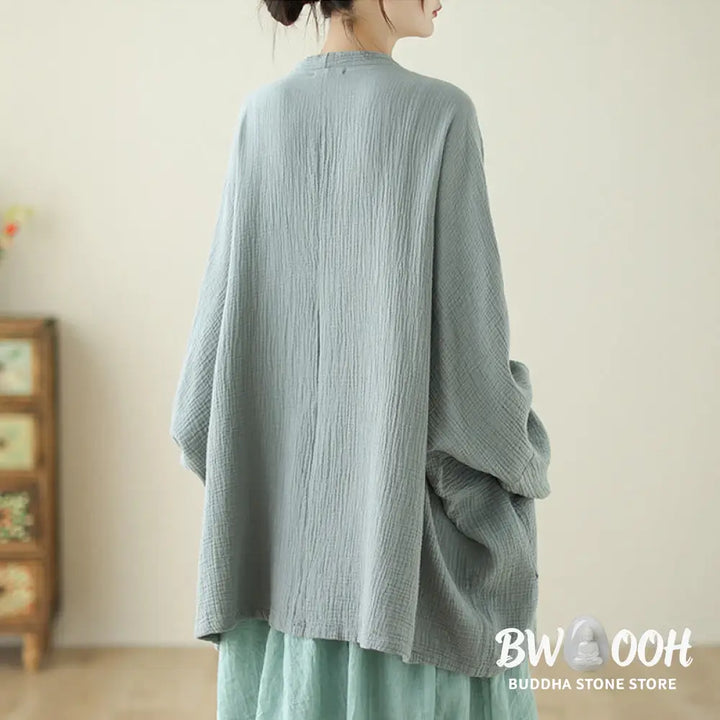 Buddha Stones Plain Long Sleeve Zen Meditation Cotton Linen Jacket With Pockets - Women’s Kimono