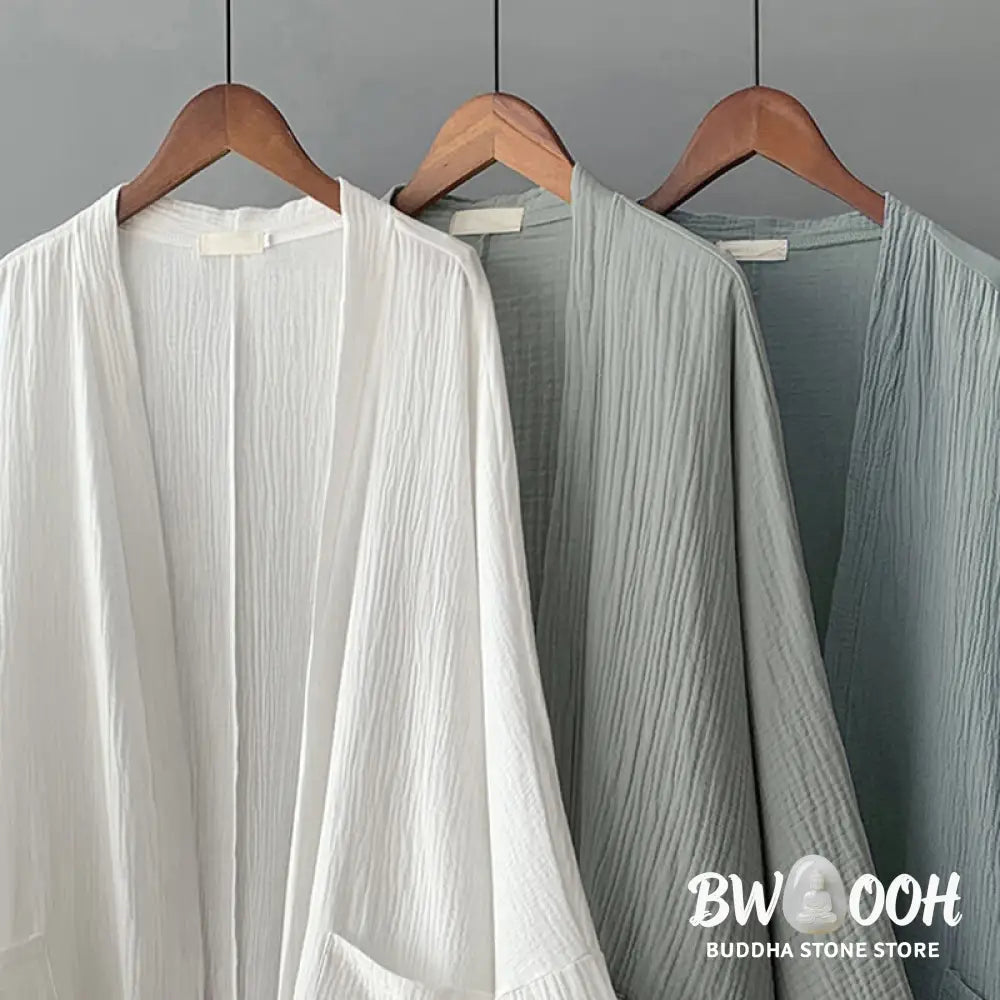 Buddha Stones Plain Long Sleeve Zen Meditation Cotton Linen Jacket With Pockets - Women’s Kimono