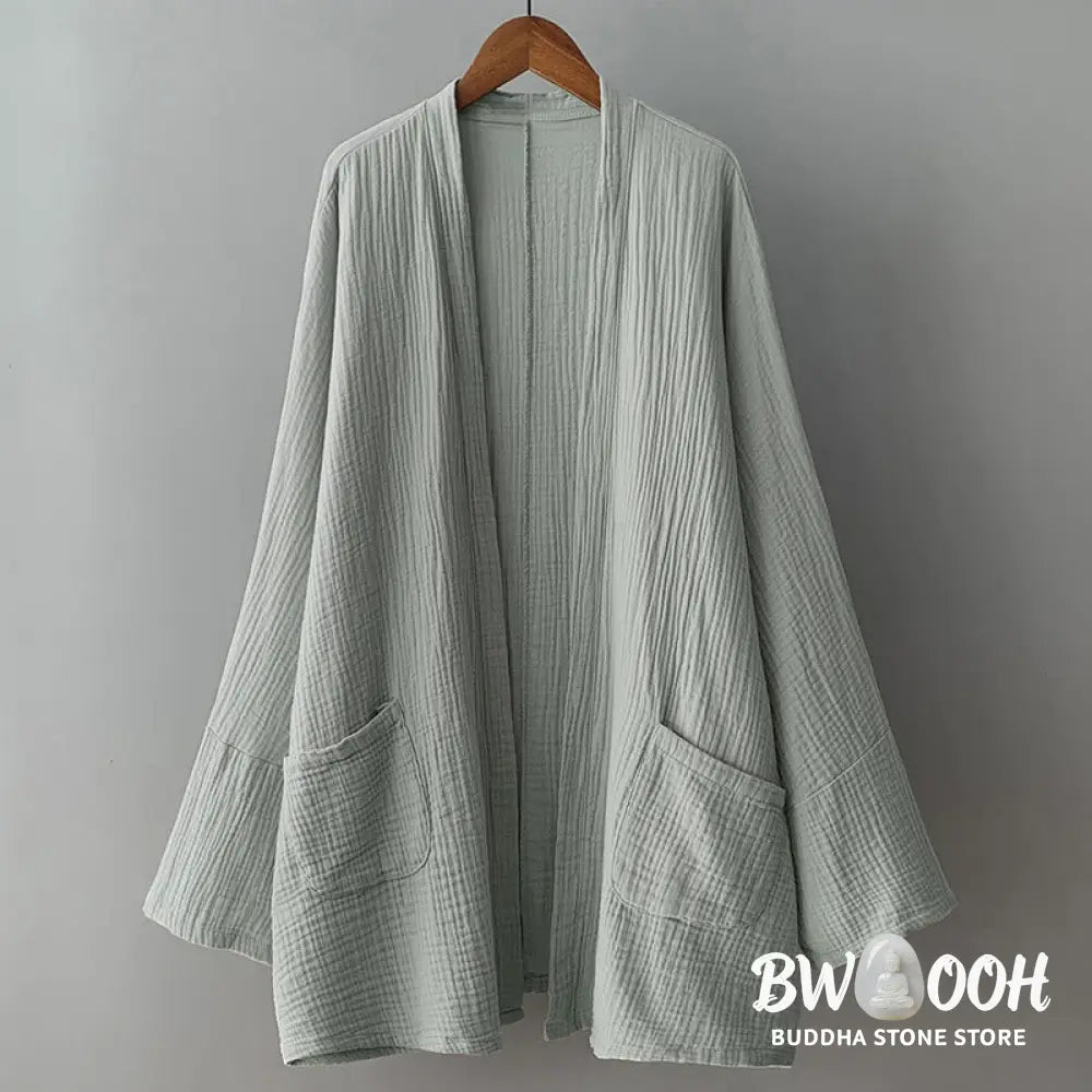 Buddha Stones Plain Long Sleeve Zen Meditation Cotton Linen Jacket With Pockets - Women’s Kimono