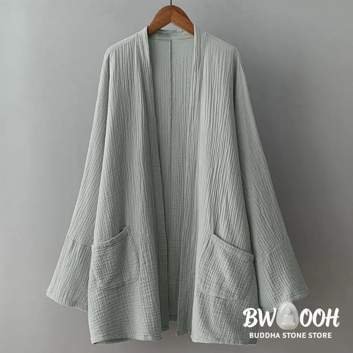 Buddha Stones Plain Long Sleeve Zen Meditation Cotton Linen Jacket With Pockets - Women’s Kimono