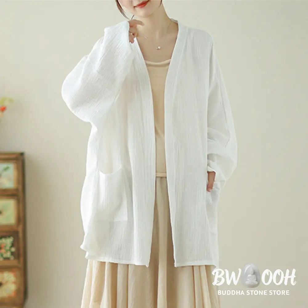 Buddha Stones Plain Long Sleeve Zen Meditation Cotton Linen Jacket With Pockets - Women’s Kimono