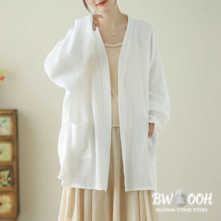 Buddha Stones Plain Long Sleeve Zen Meditation Cotton Linen Jacket With Pockets - Women’s Kimono