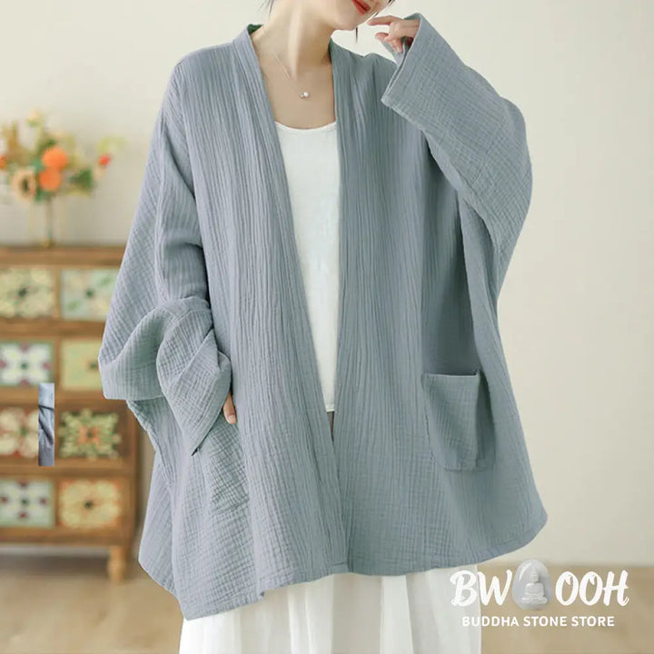Buddha Stones Plain Long Sleeve Zen Meditation Cotton Linen Jacket With Pockets - Women’s Kimono