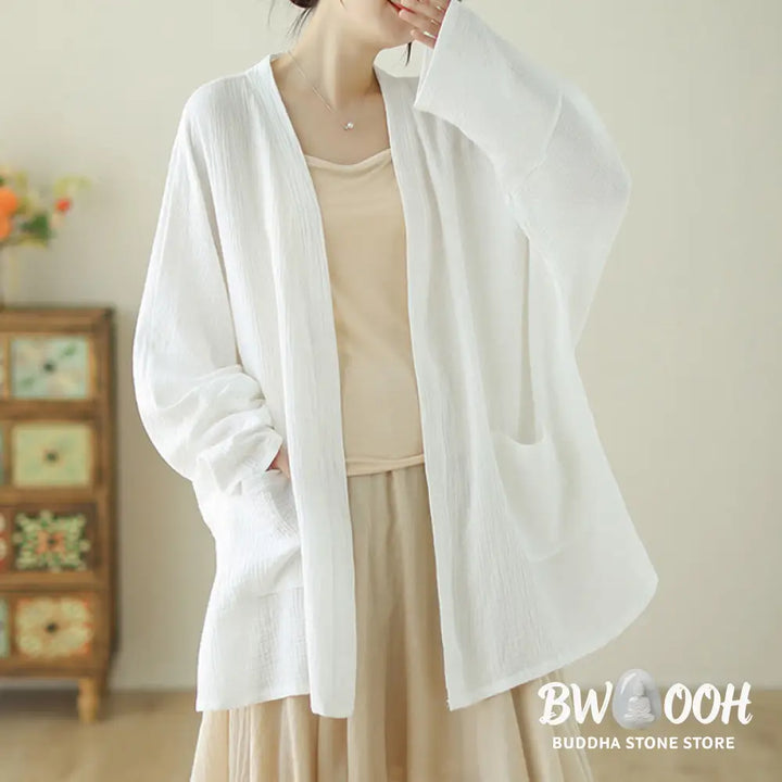 Buddha Stones Plain Long Sleeve Zen Meditation Cotton Linen Jacket With Pockets - Women’s Kimono