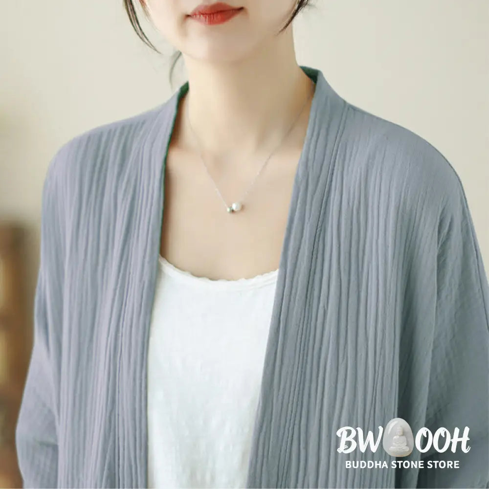 Buddha Stones Plain Long Sleeve Zen Meditation Cotton Linen Jacket With Pockets - Women’s Kimono