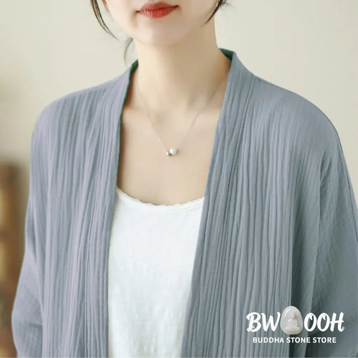 Buddha Stones Plain Long Sleeve Zen Meditation Cotton Linen Jacket With Pockets - Women’s Kimono