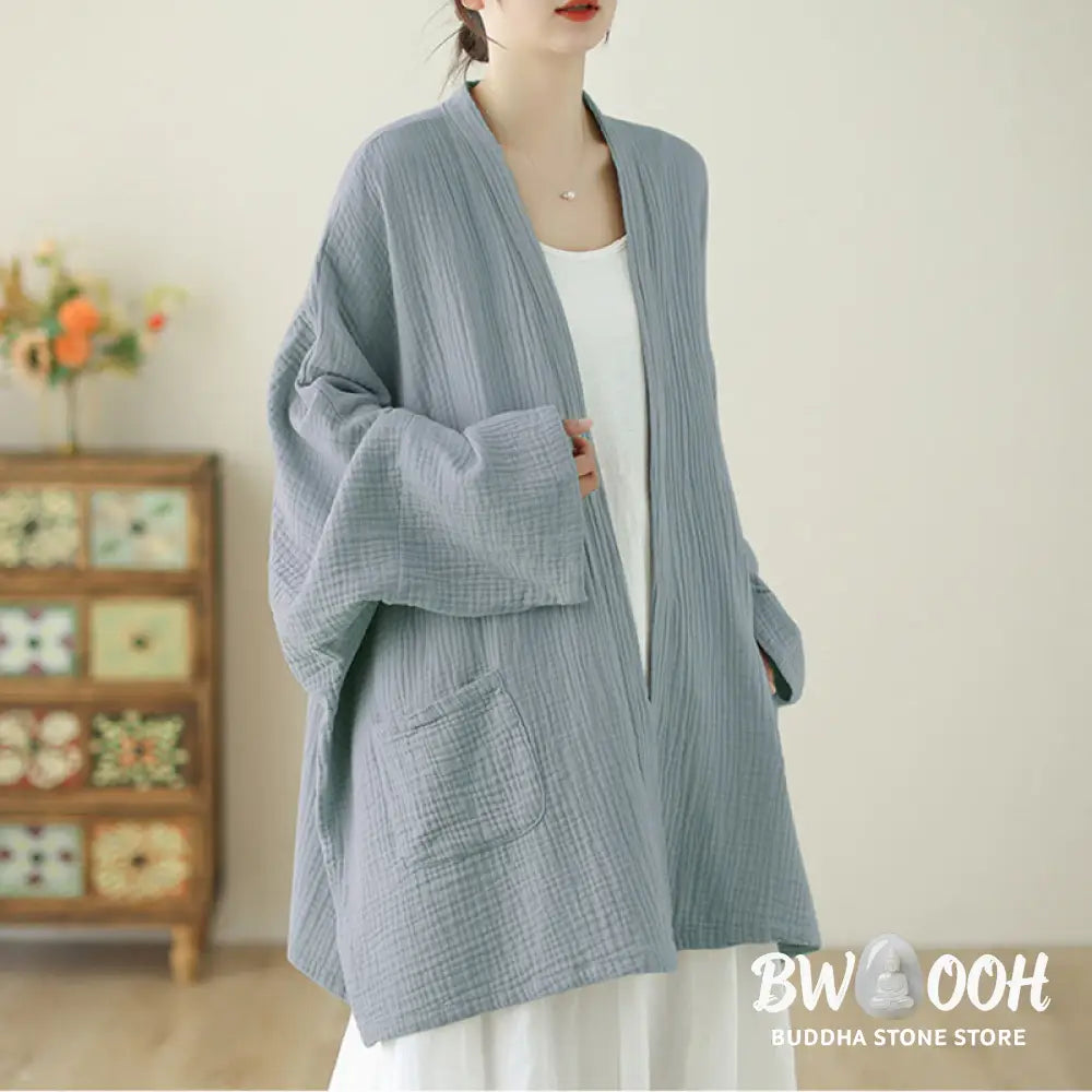 Buddha Stones Plain Long Sleeve Zen Meditation Cotton Linen Jacket With Pockets - Women’s Kimono