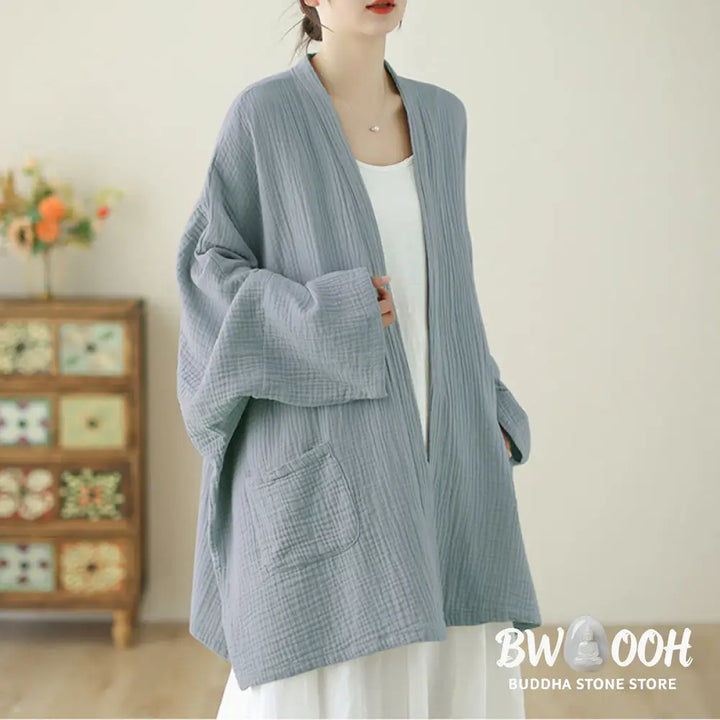 Buddha Stones Plain Long Sleeve Zen Meditation Cotton Linen Jacket With Pockets - Women’s Kimono