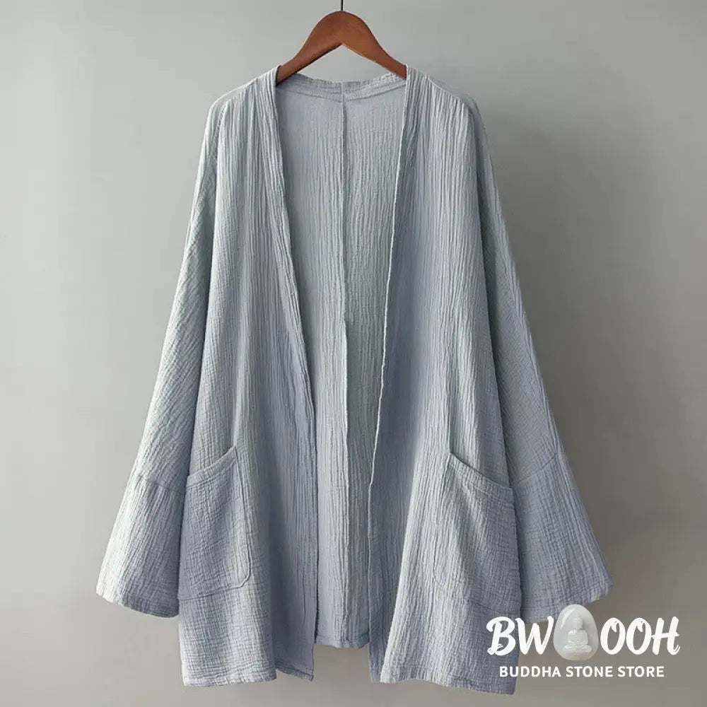 Buddha Stones Plain Long Sleeve Zen Meditation Cotton Linen Jacket With Pockets - Women’s Kimono