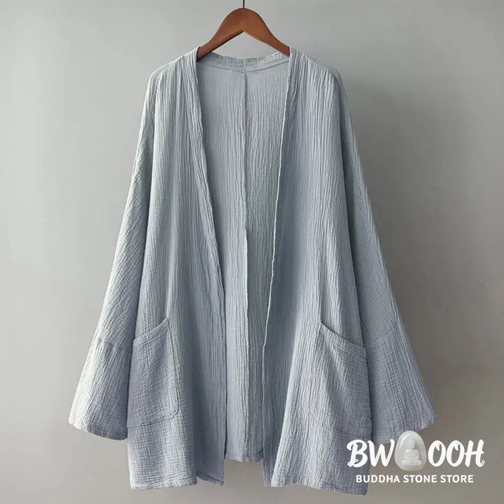 Buddha Stones Plain Long Sleeve Zen Meditation Cotton Linen Jacket With Pockets - Women’s Kimono