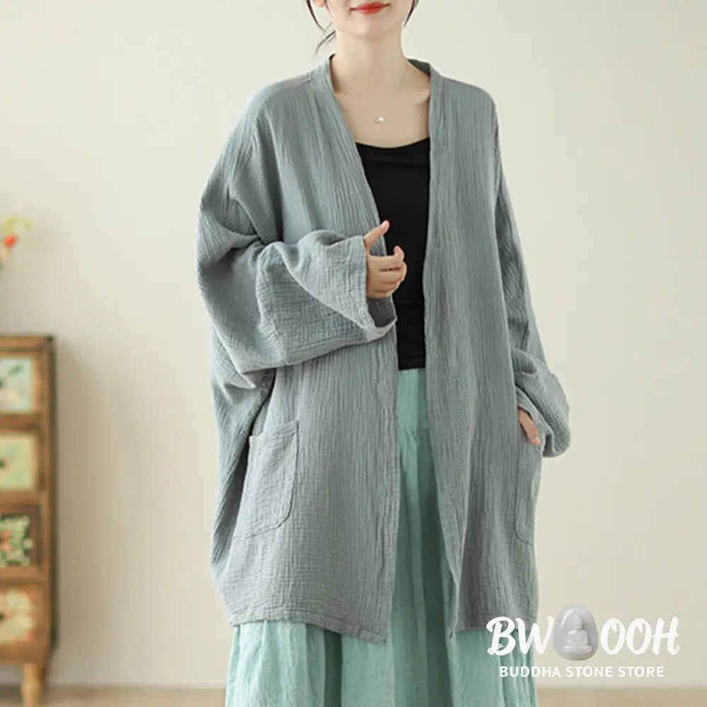 Buddha Stones Plain Long Sleeve Zen Meditation Cotton Linen Jacket With Pockets - Women’s Kimono